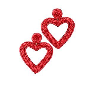 Red Seed Beaded Open Heart Statement Earrings NEW